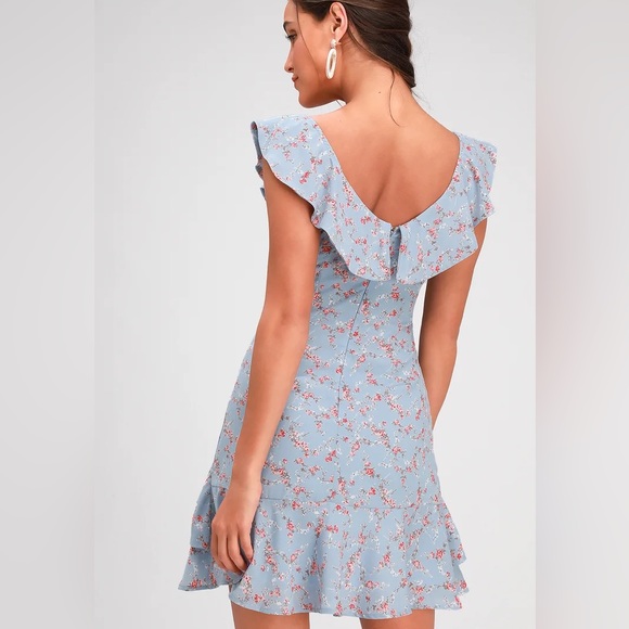 Lulus Radiant Rosa Light Blue Floral Print Ruffled Mini Dress EUC - Picture 4 of 6